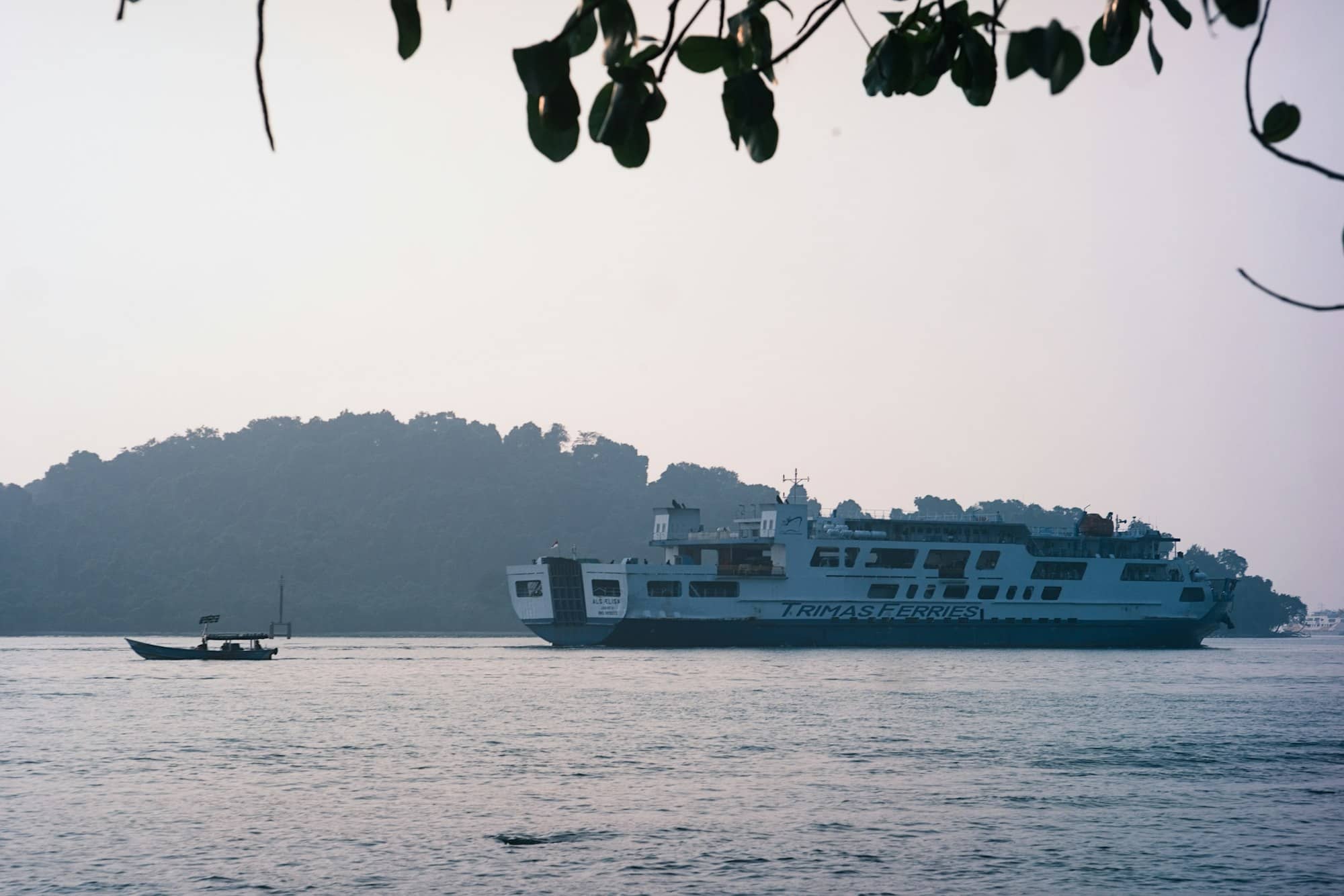 Ferry and small boat on water with island in background.