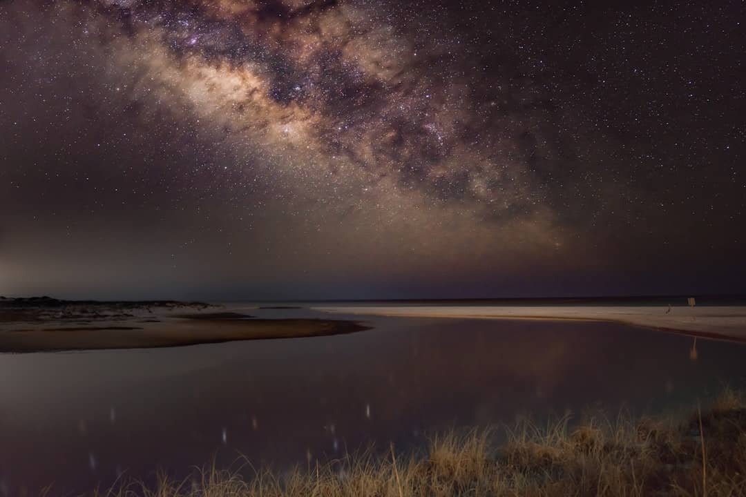 Milky way reflecting in a calm river with sandy banks.