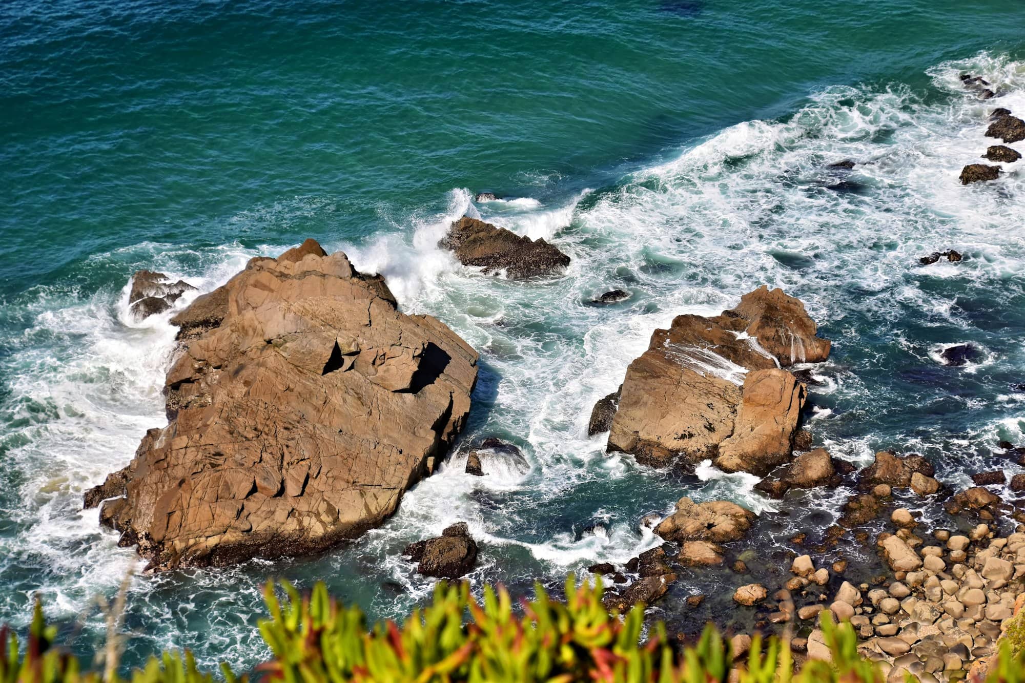 Waves crashing on rocky coastline with green foliage.
