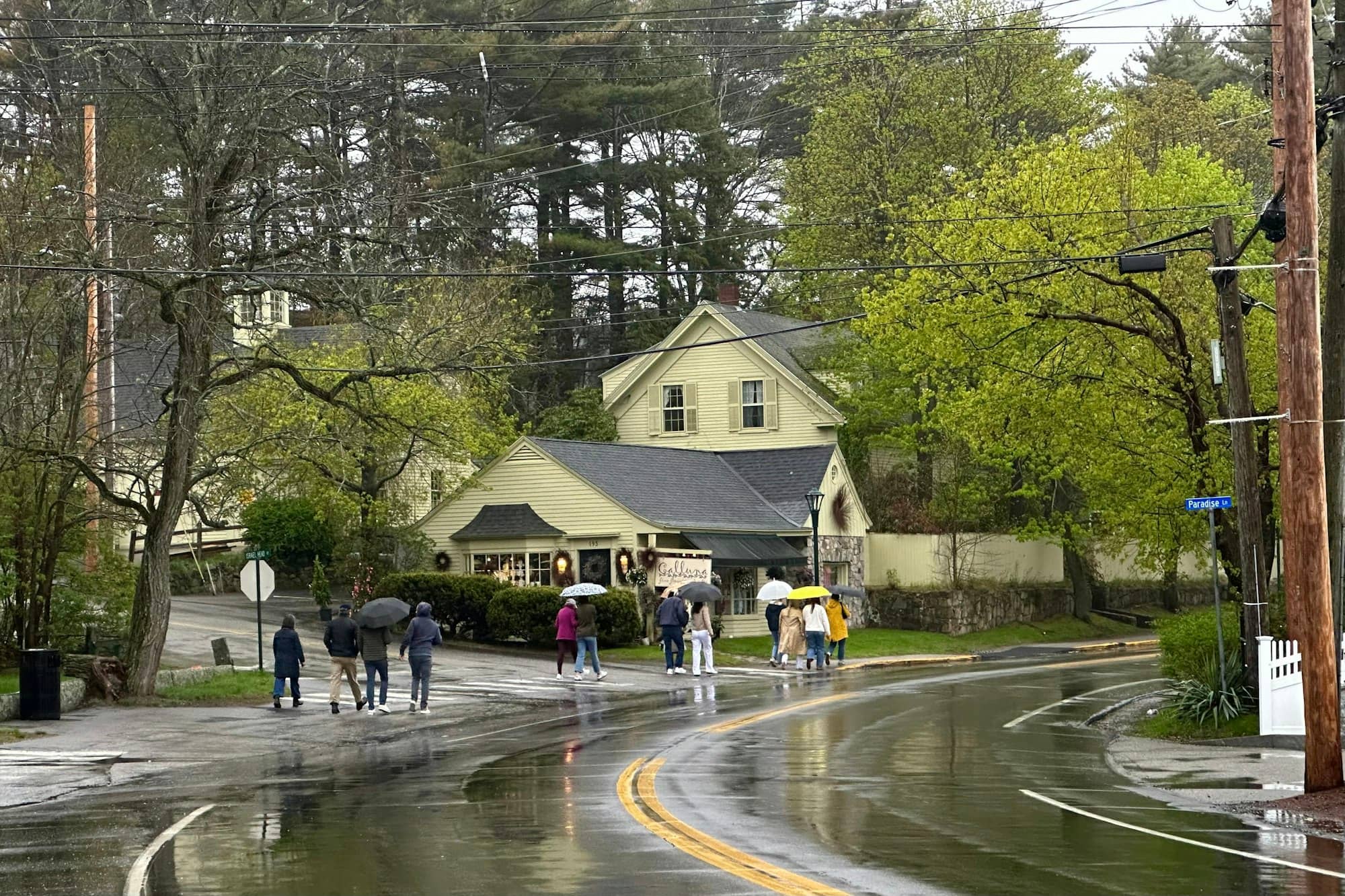 People with umbrellas walk on a wet street