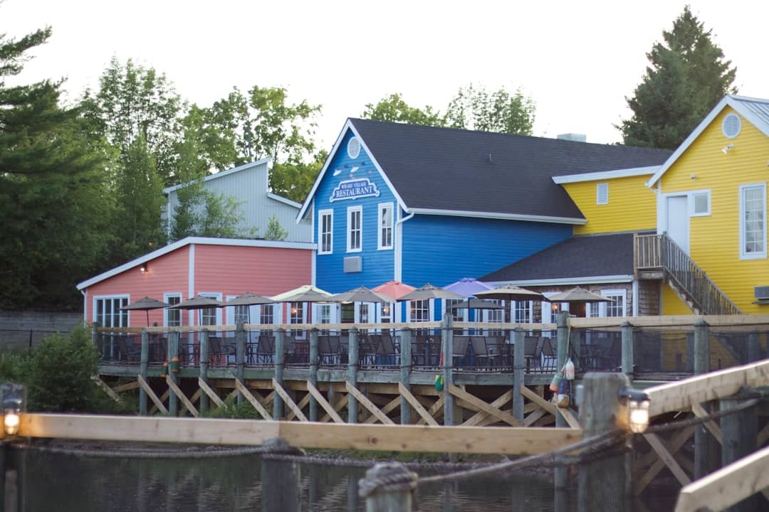 blue and white wooden house near body of water during daytime