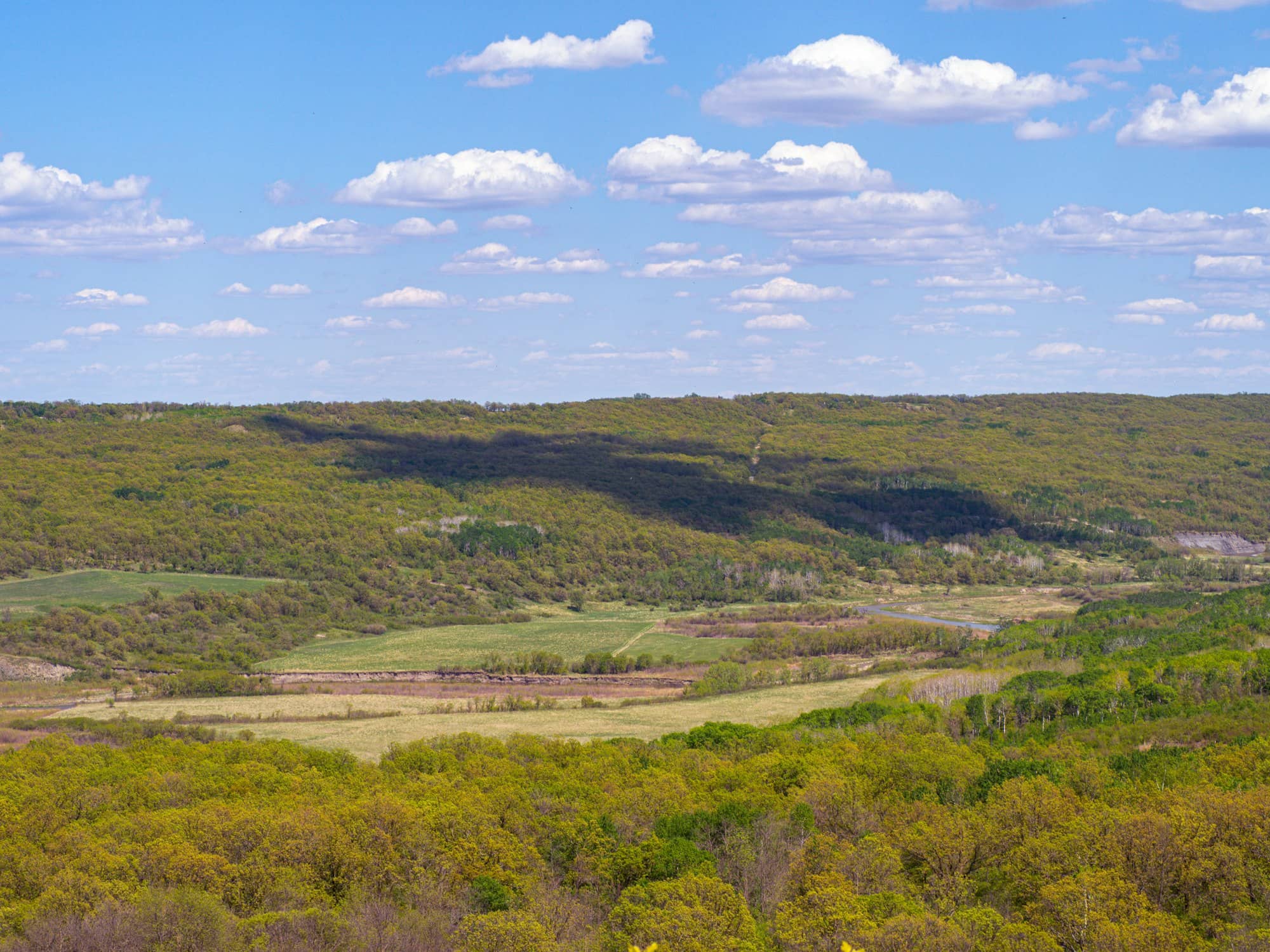 A lush green valley lies under a cloudy sky.