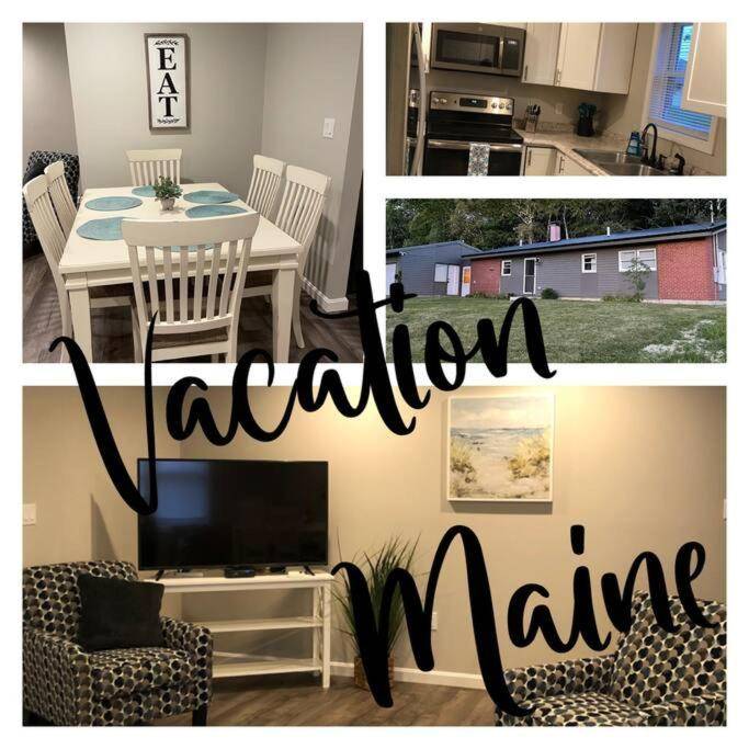 a collage of a kitchen and a living room with a table and a tv at Spacious Home near Airport in Bangor