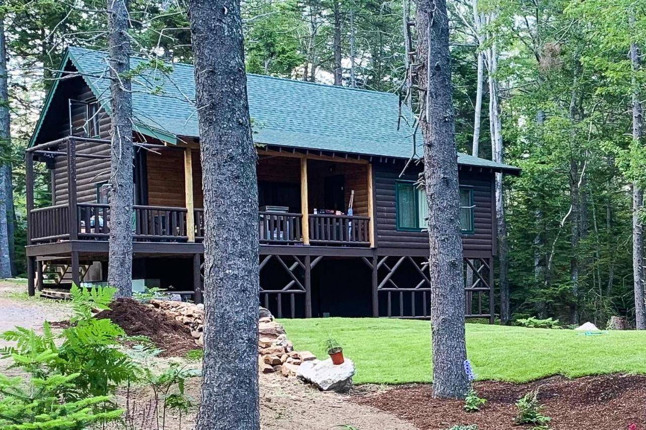 a log cabin in the woods with trees at Sprucewold Cabin in Boothbay Harbor