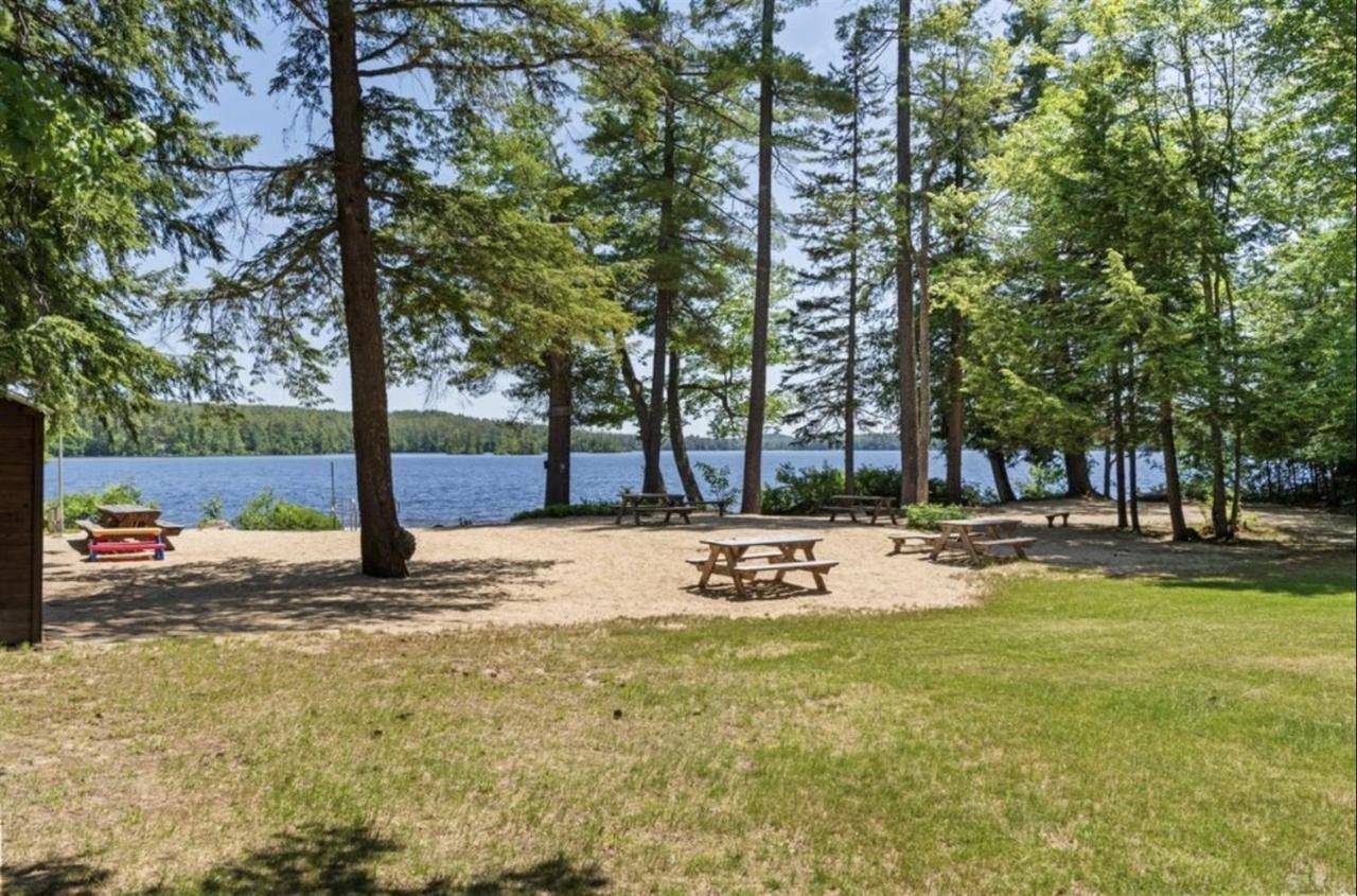 a park with picnic tables and a lake at STARGAZER SHORES LIMIT 8 villa in Bridgton
