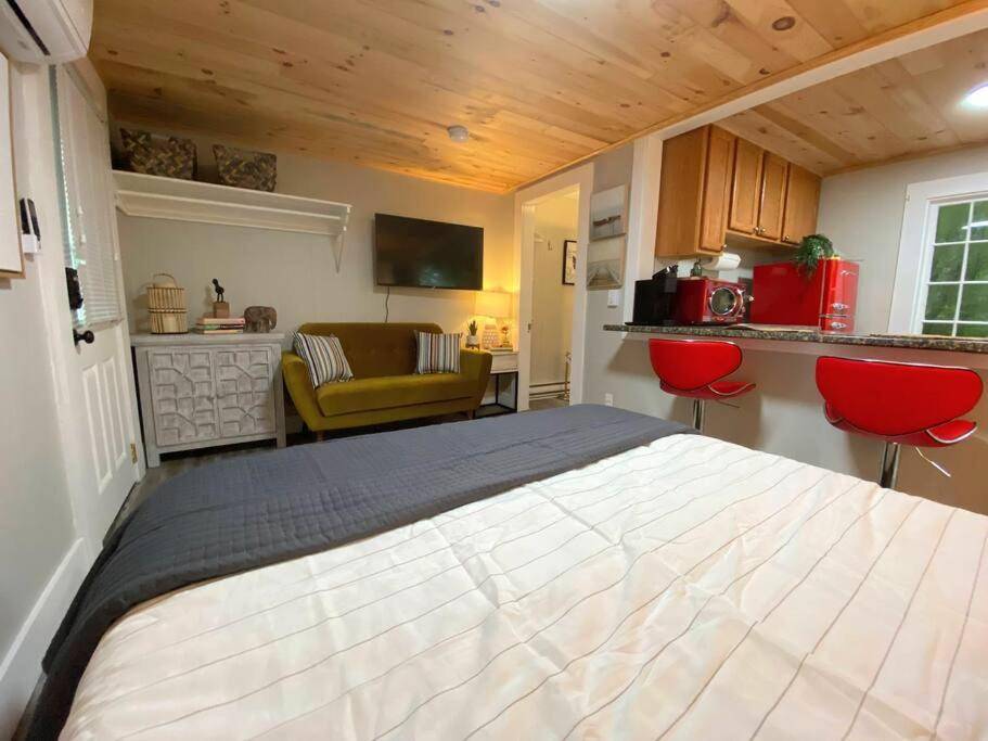 a bedroom with a large bed and a kitchen at Cheerful Studio Close to Everything 12 in Edgecomb