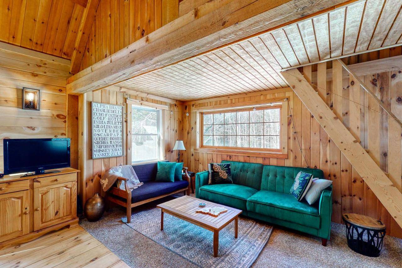 a living room with a green couch and a tv at Camp Foxtrot in Greenville