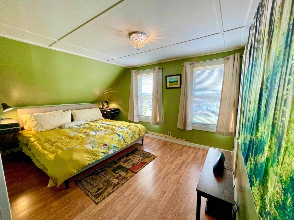 a green bedroom with a bed and a window at Mattawamkeag River Cottage in Island Falls