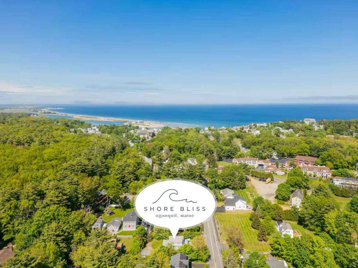 an aerial view of the shore bliss sign and the ocean at 10-Min Walk to Beach - Huge Deck - Near Downtown in Ogunquit