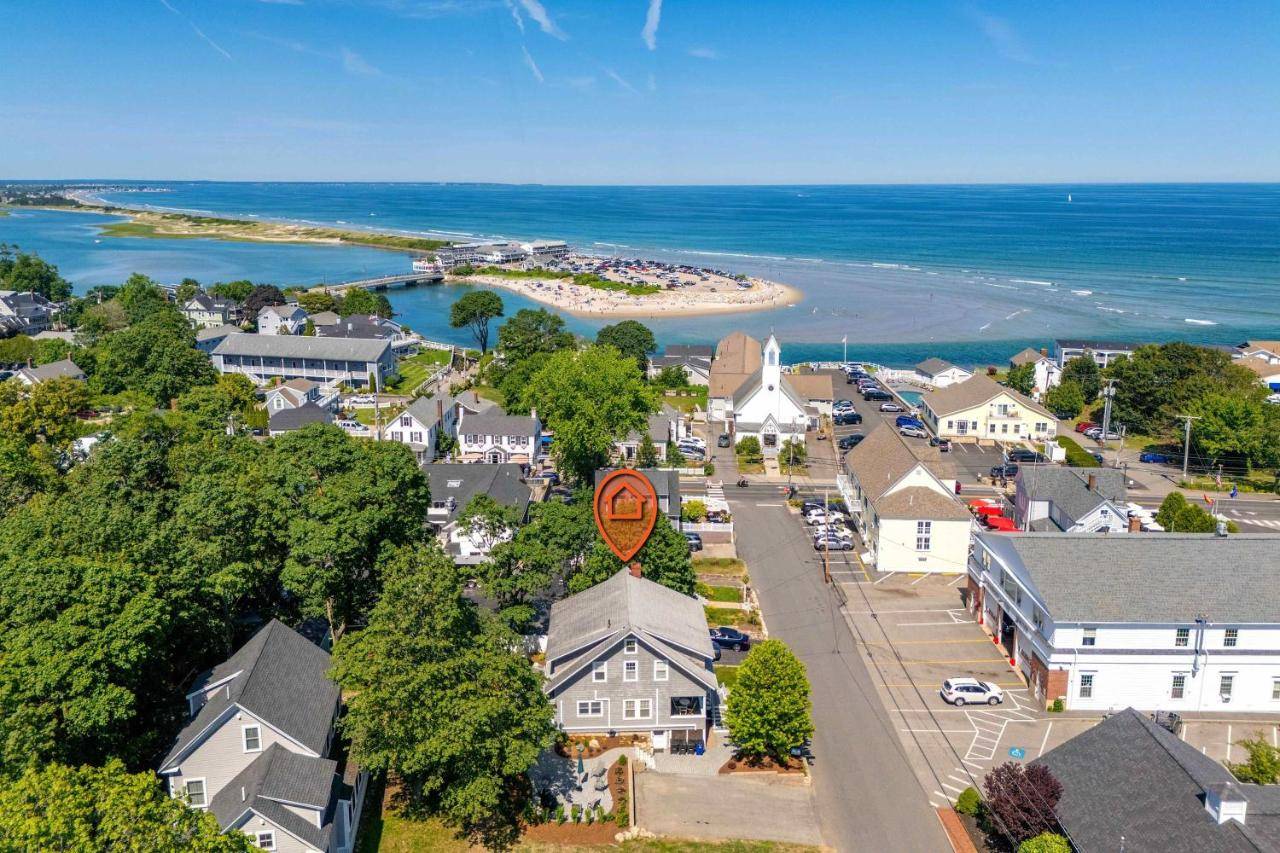 an aerial view of a small town with a beach at Steps to Beach & Downtown OGT - Screened in Porch in Ogunquit