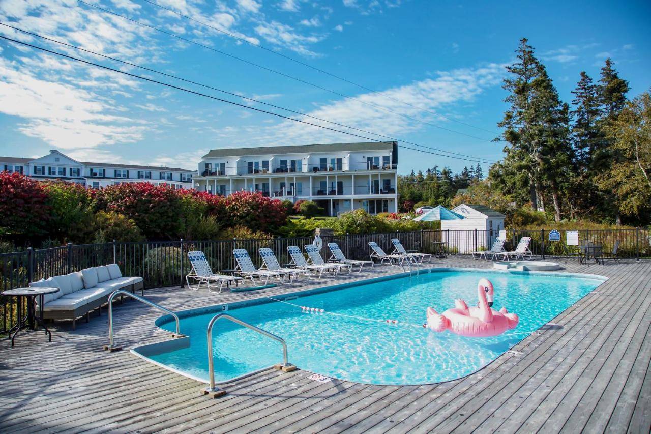 a pool with two pink flamingos in the water at Newagen Seaside Inn in Southport