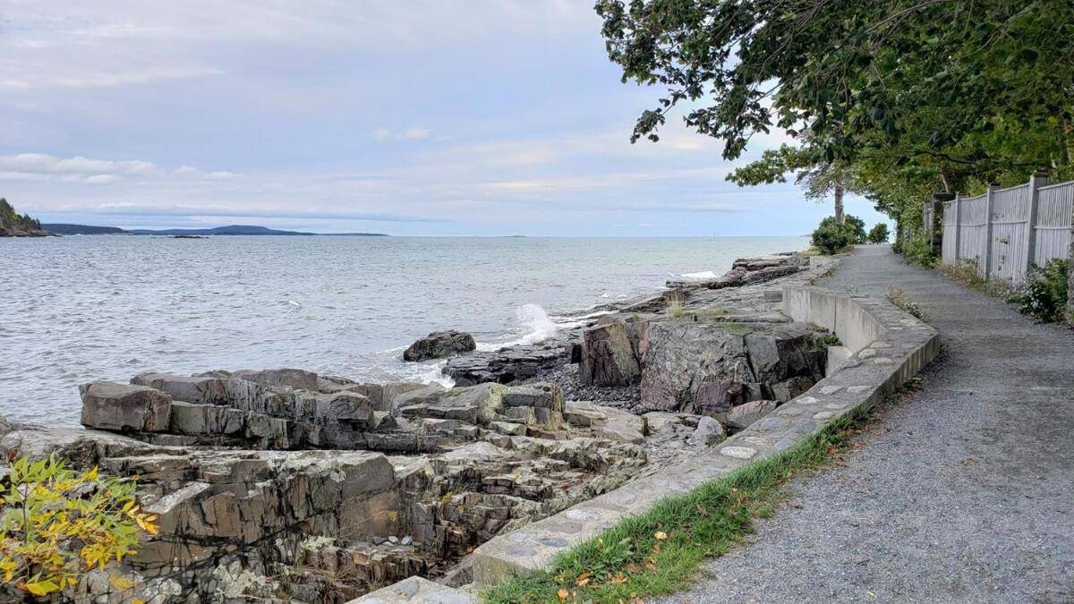 a stone wall next to a body of water at Black Seal Chalet-New, AC, Firepit, Deck, Secluded in Southwest Harbor