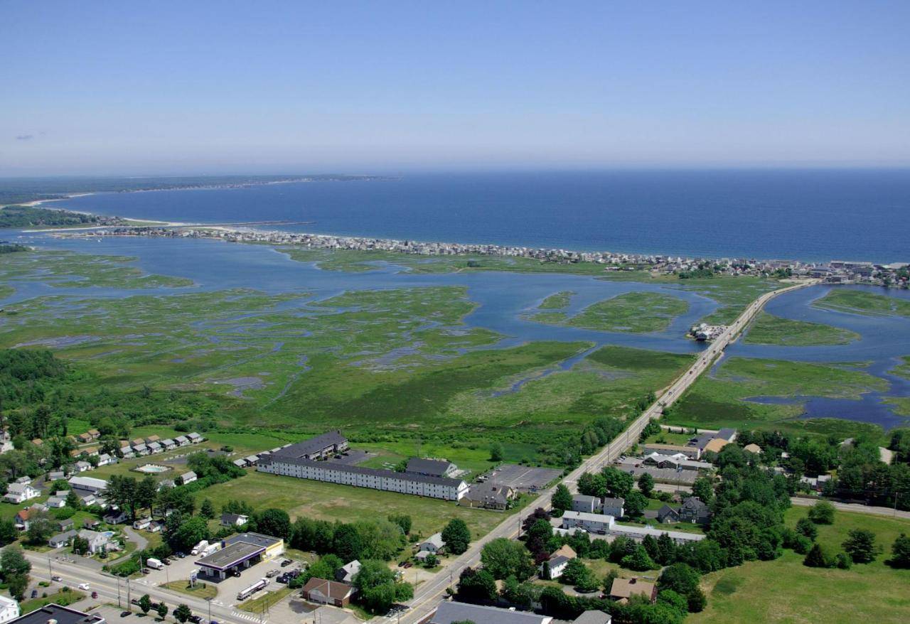 an aerial view of a small island in the water at Misty Harbor Resort in Wells